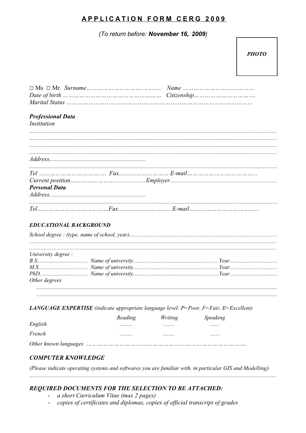 Application Form Cerg 2009