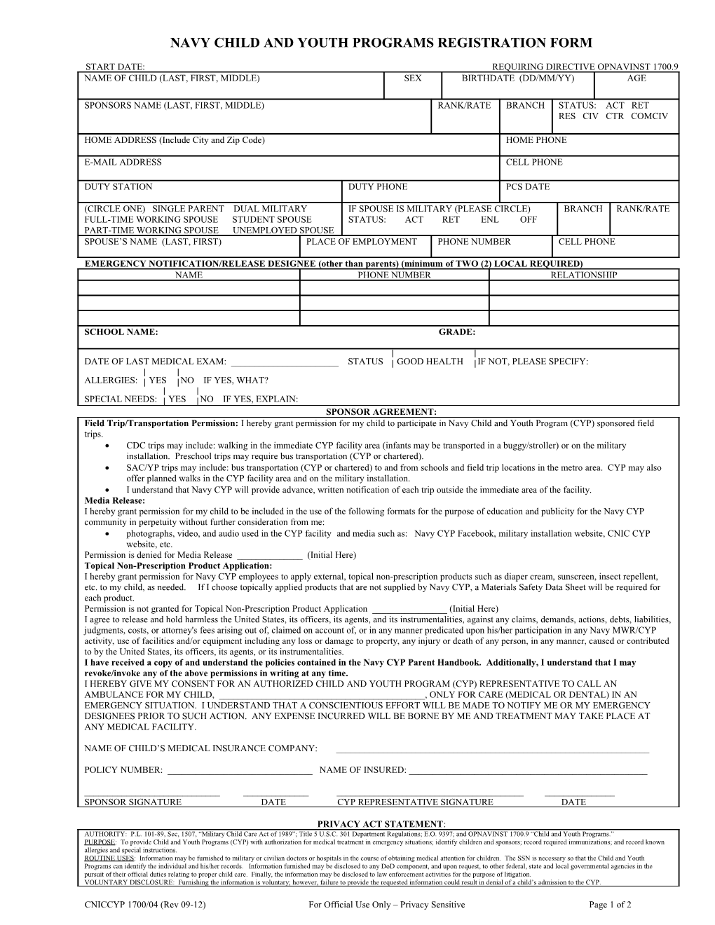 Child Development Program Registration Card