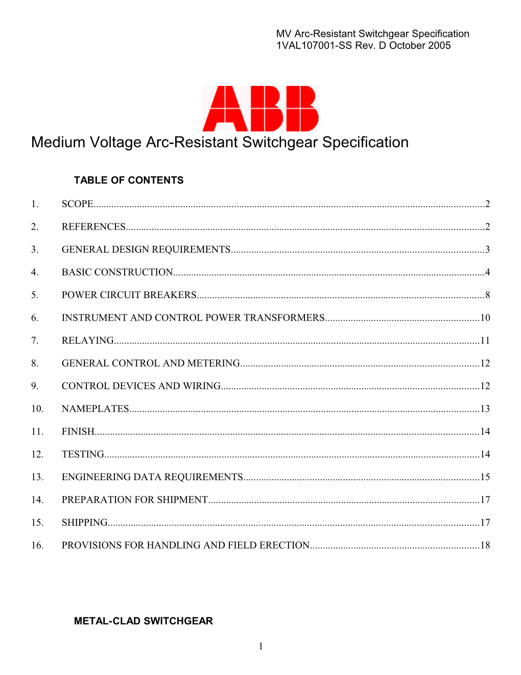 Medium Voltage Arc-Resistant Switchgear Specification