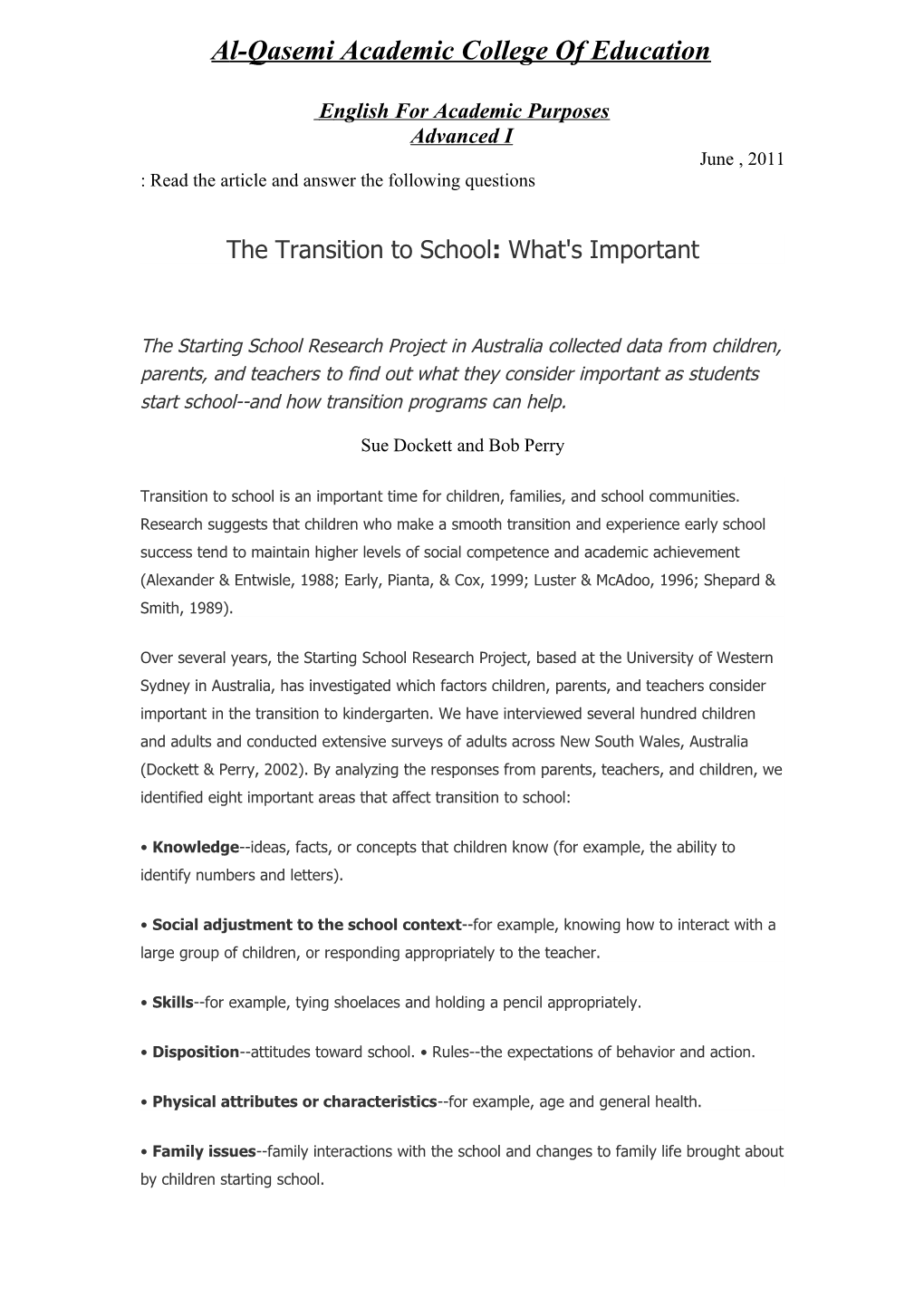 The Transition to School: What's Important