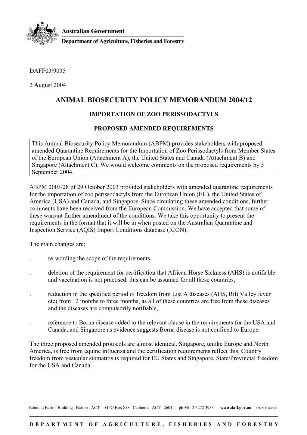 Animal Biosecurity Policy Memorandum 2004/12