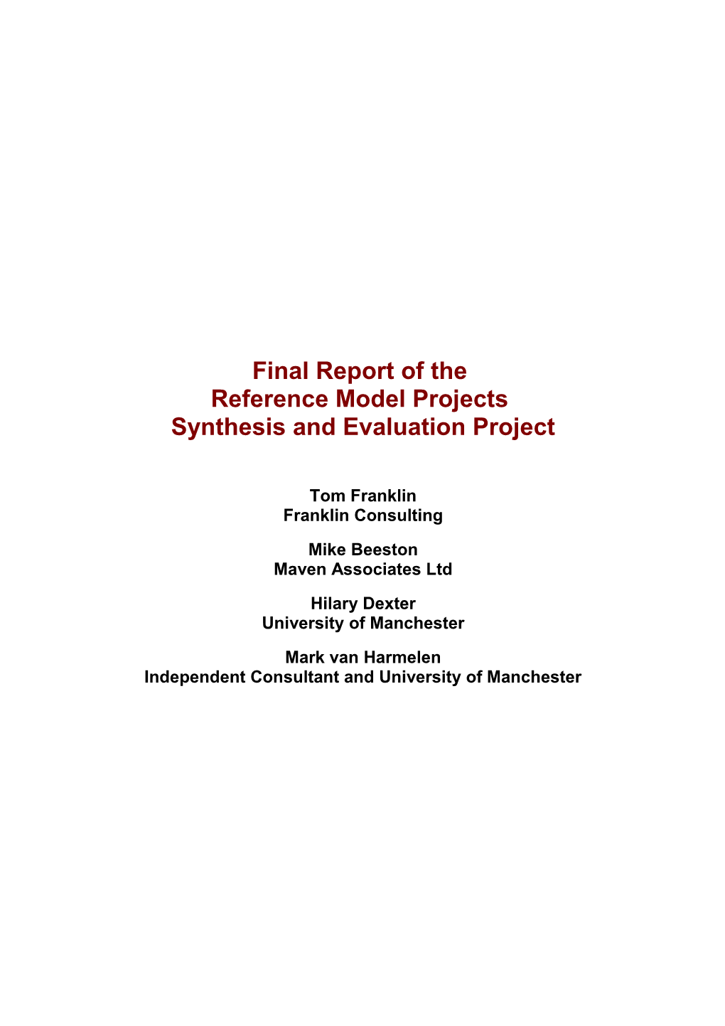 Final Report Reference Model Projects Synthesis Project