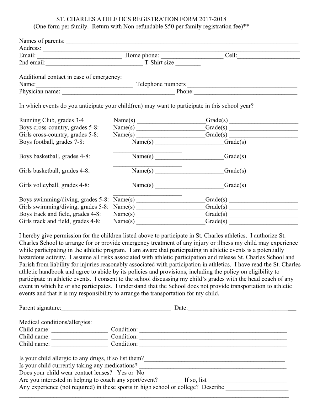 St. Charles Athletics Registration Form 2017-2018