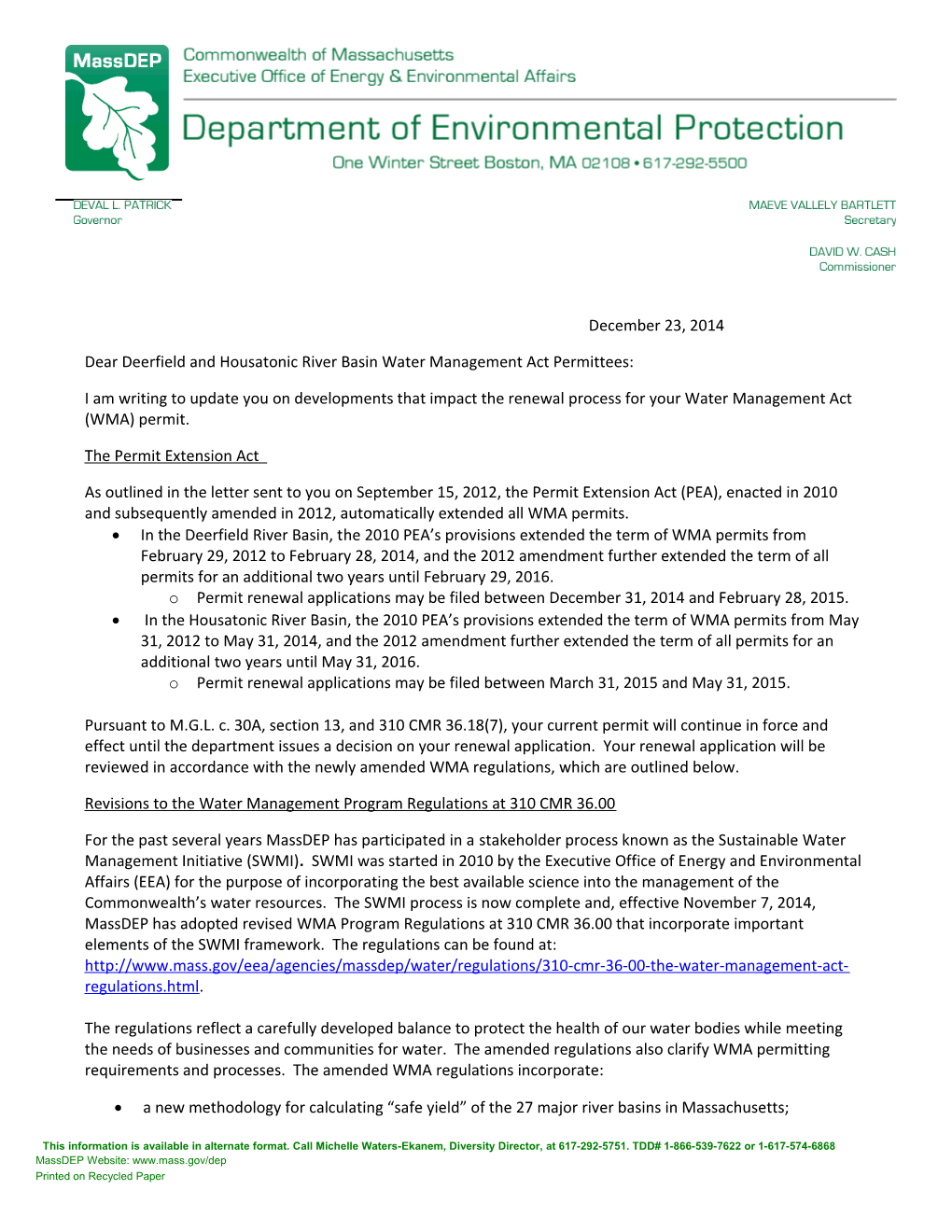 Dear Deerfield and Housatonic River Basinwater Management Act Permittees