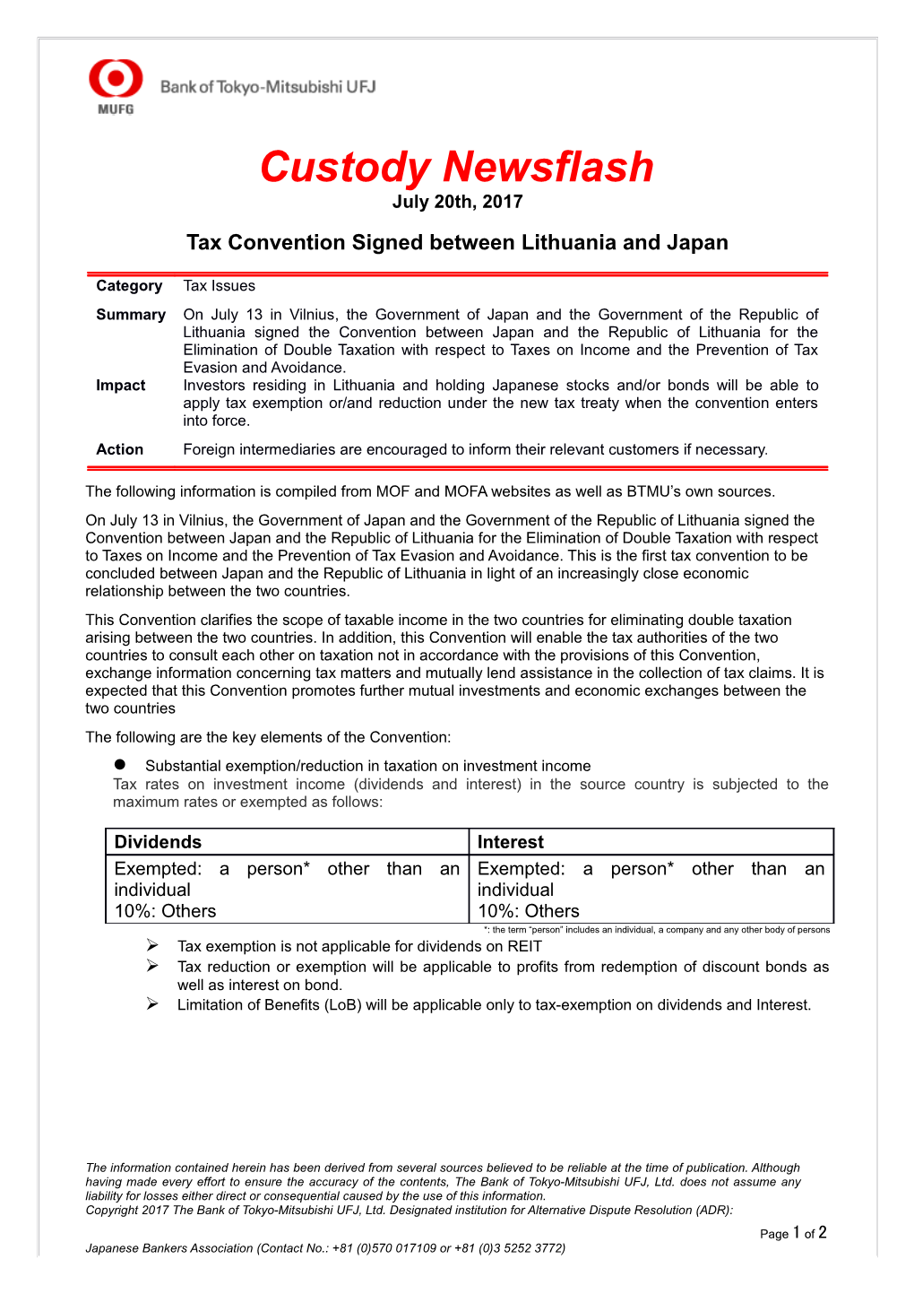 Tax Convention Signed Between Lithuania and Japan