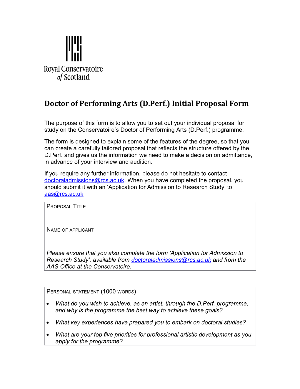 Doctor of Performing Arts (D.Perf.) Initial Proposal Form