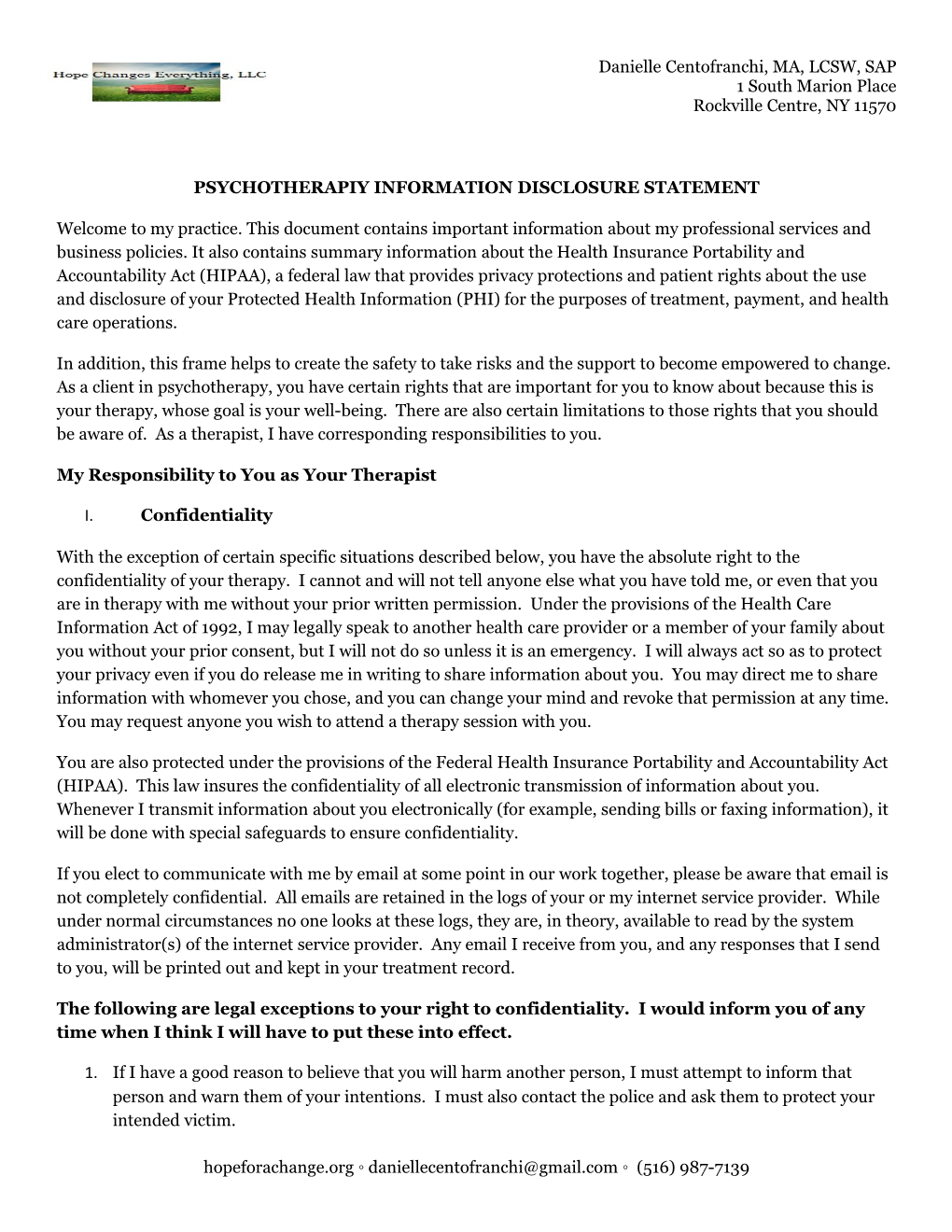 Psychotherapiy Information Disclosure Statement