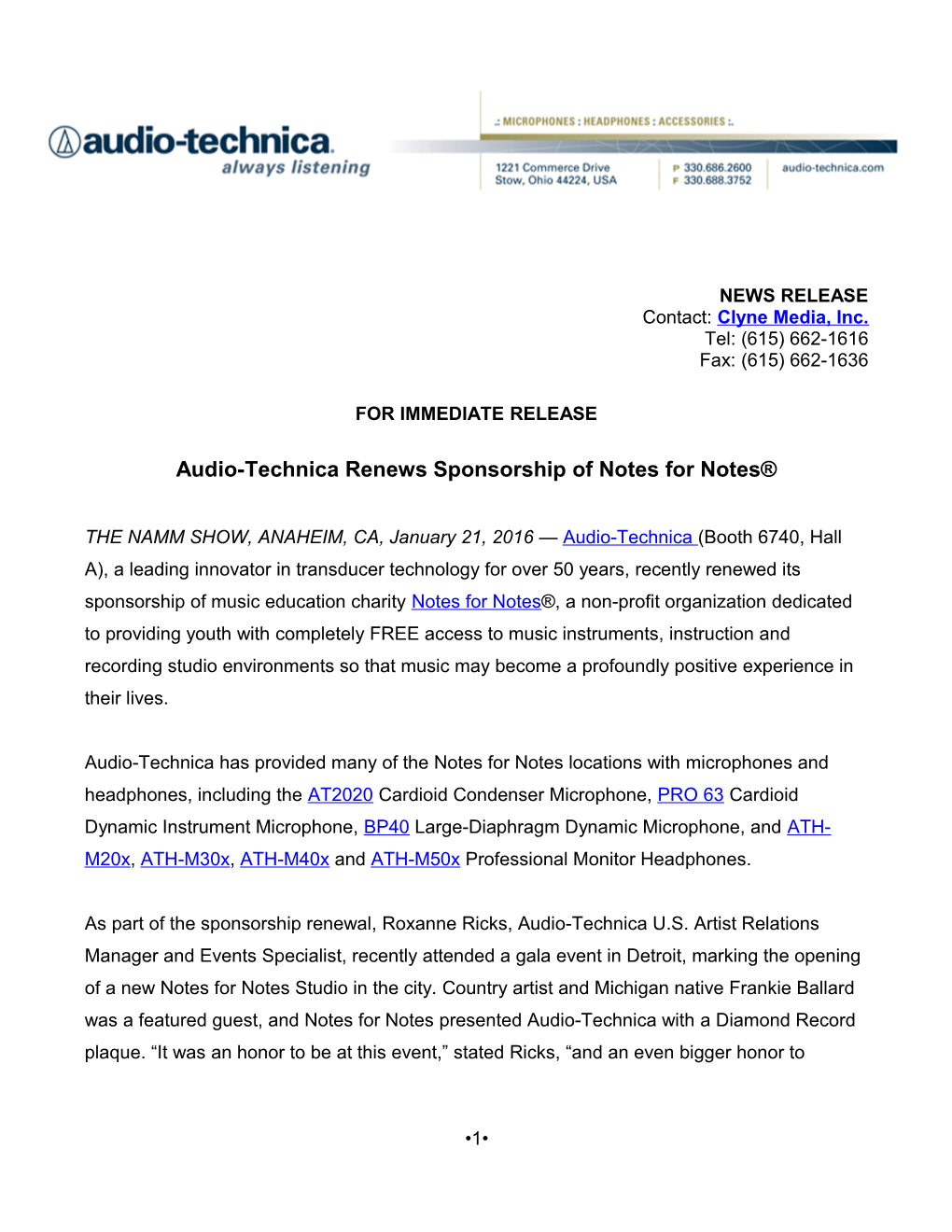 Audio-Technica Renews Sponsorship of Notes for Notes