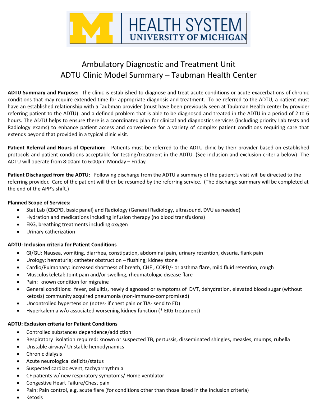 ADTU Clinic Model Summary Taubman Health Center