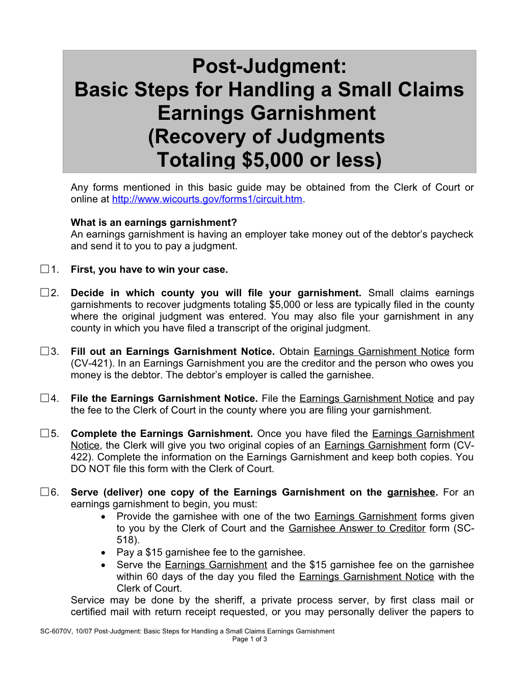 SC-6070: Post-Judgment: Basic Steps for Handling a Small Claims Earnings Garnishment (Recovery