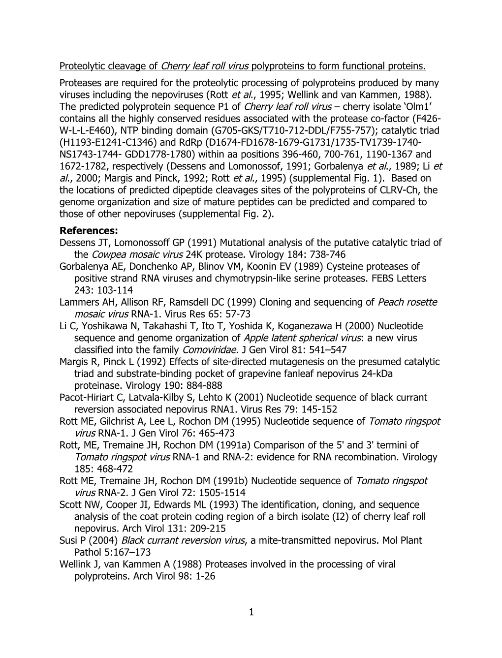 Proteolytic Cleavage of Cherry Leaf Roll Virus Polyproteins to Form Functional Proteins