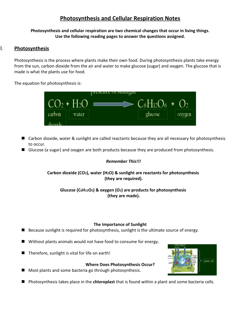 Photosynthesis and Cellular Respiration Notes