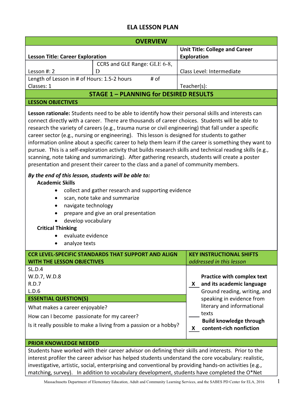 ELA Lesson Plan Template