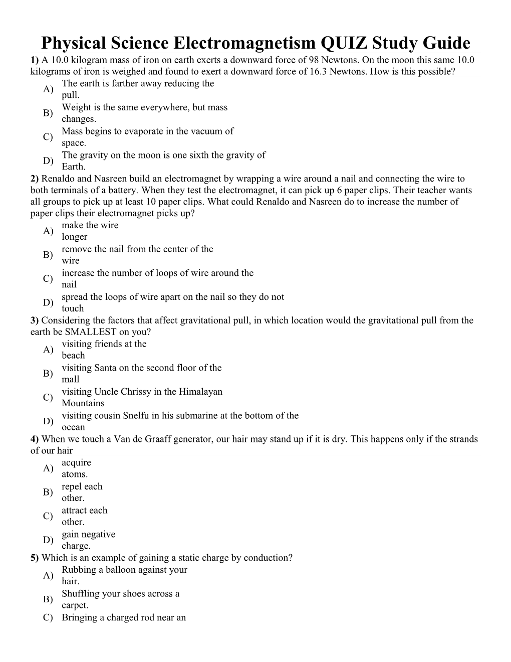 Physical Science Electromagnetism QUIZ Study Guide