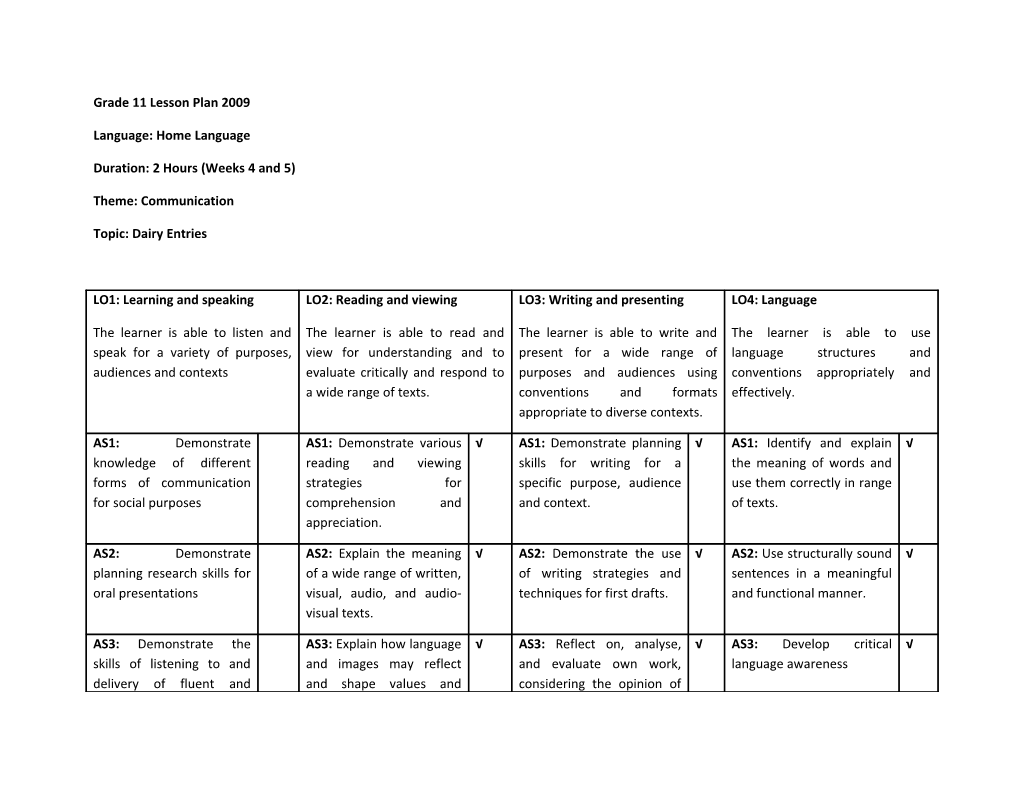 Grade 11 Lesson Plan 2009