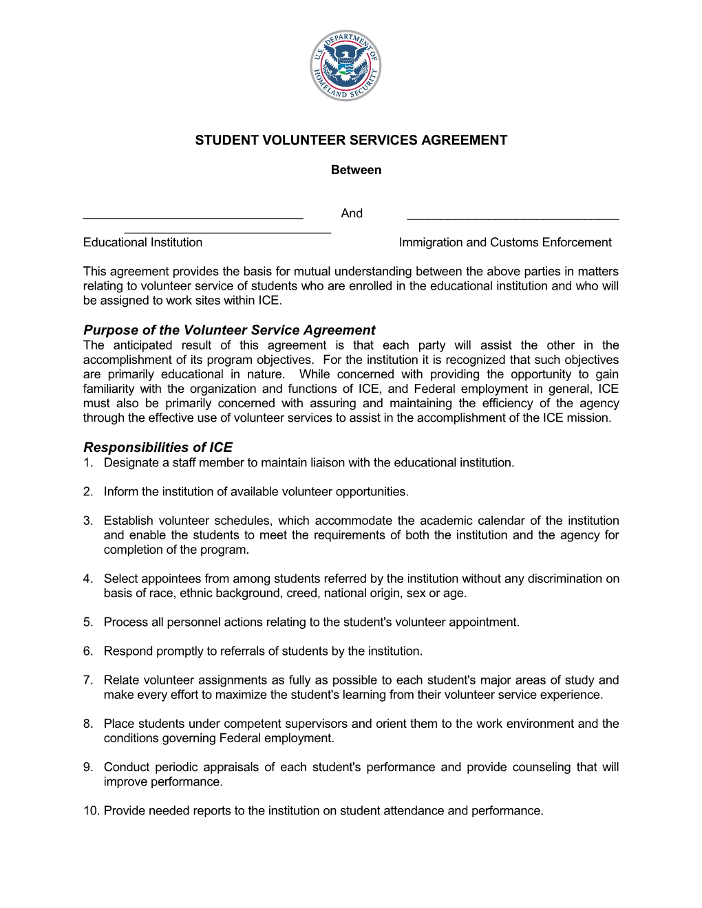 Student Volunteer Services Agreement