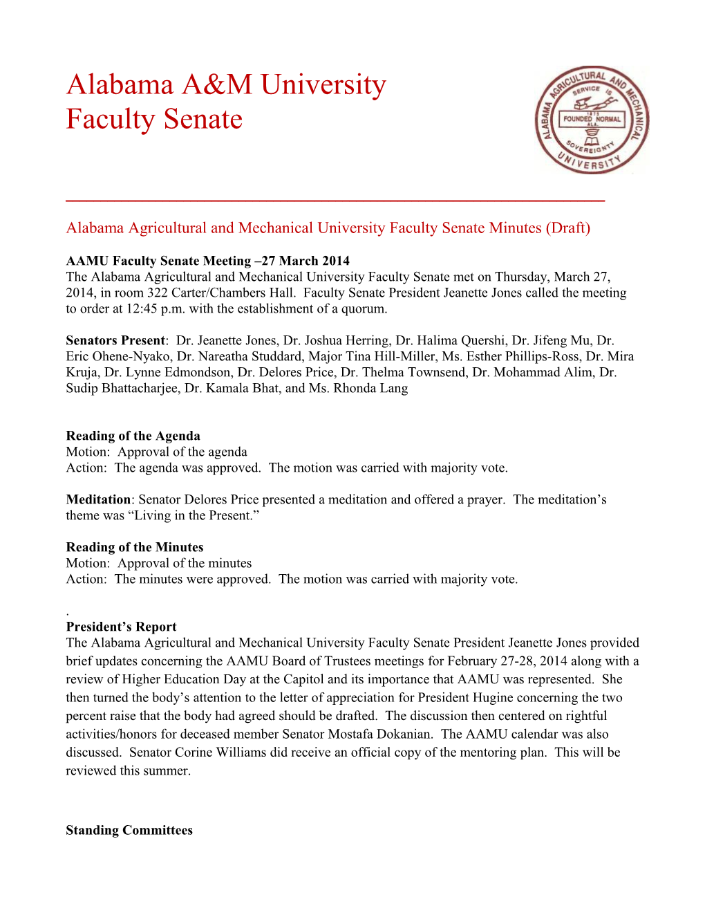 Alabama Agricultural and Mechanical University Faculty Senate Minutes (Draft)