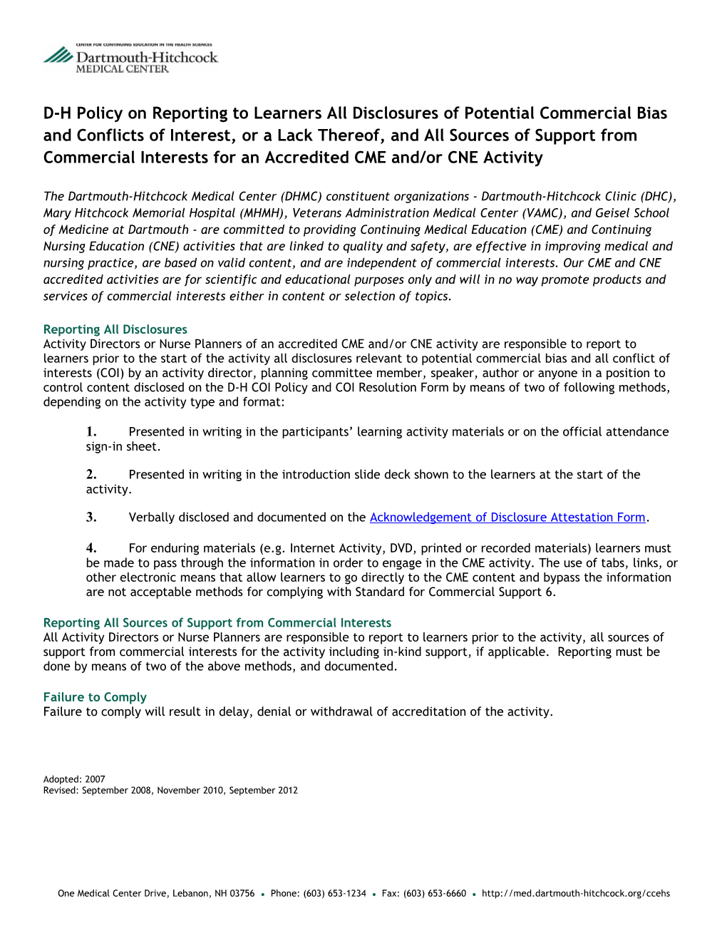 D-H Policy on Reporting to Learners All Disclosures of Potential Commercial Bias and Conflicts