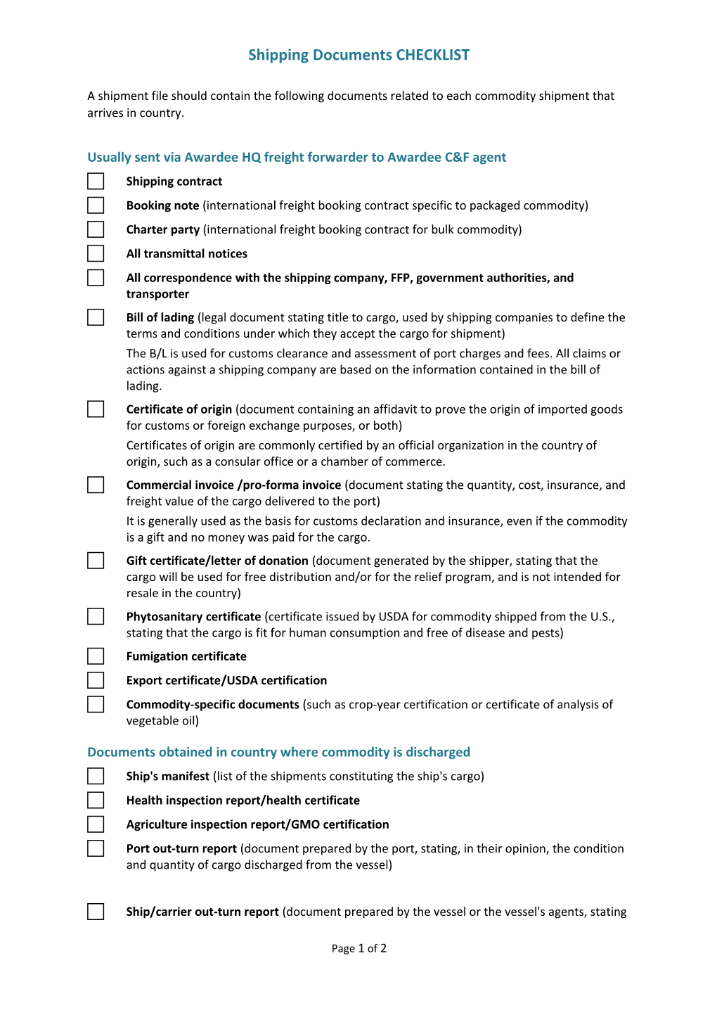 Shipping Documents CHECKLIST