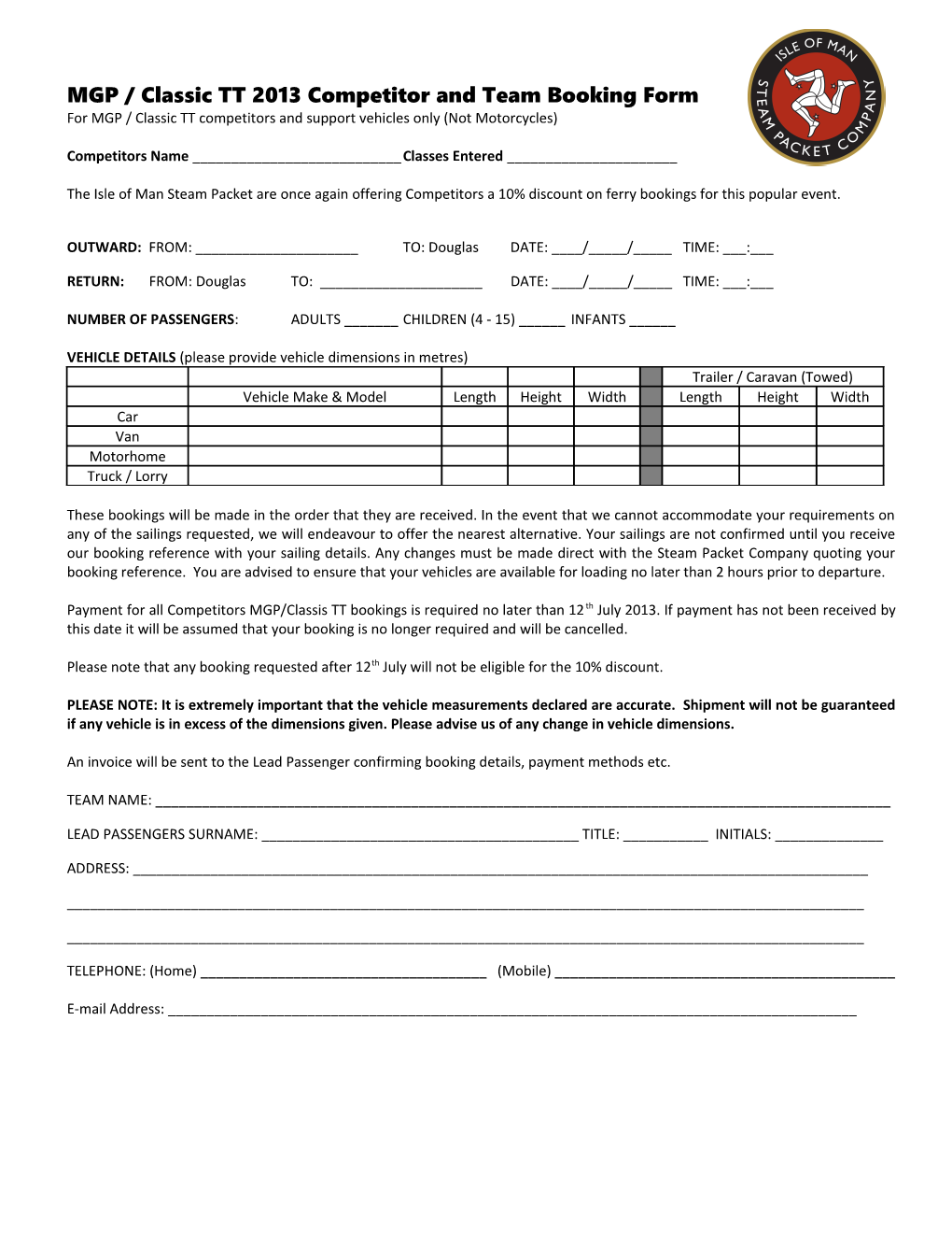 TT 2008 Competitor and Team Booking Form