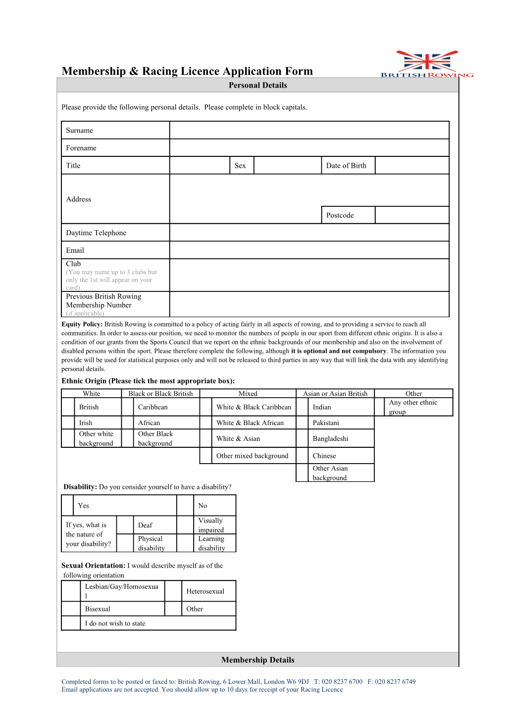 Membership & Racing Licence Application Form