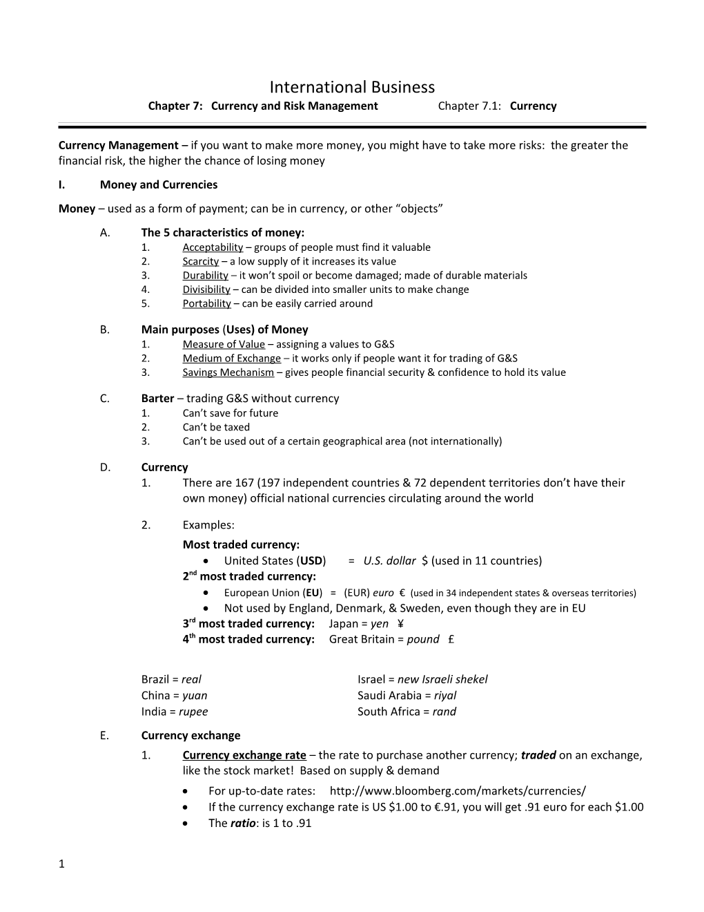 Chapter 7: Currency and Risk Managementchapter 7.1: Currency