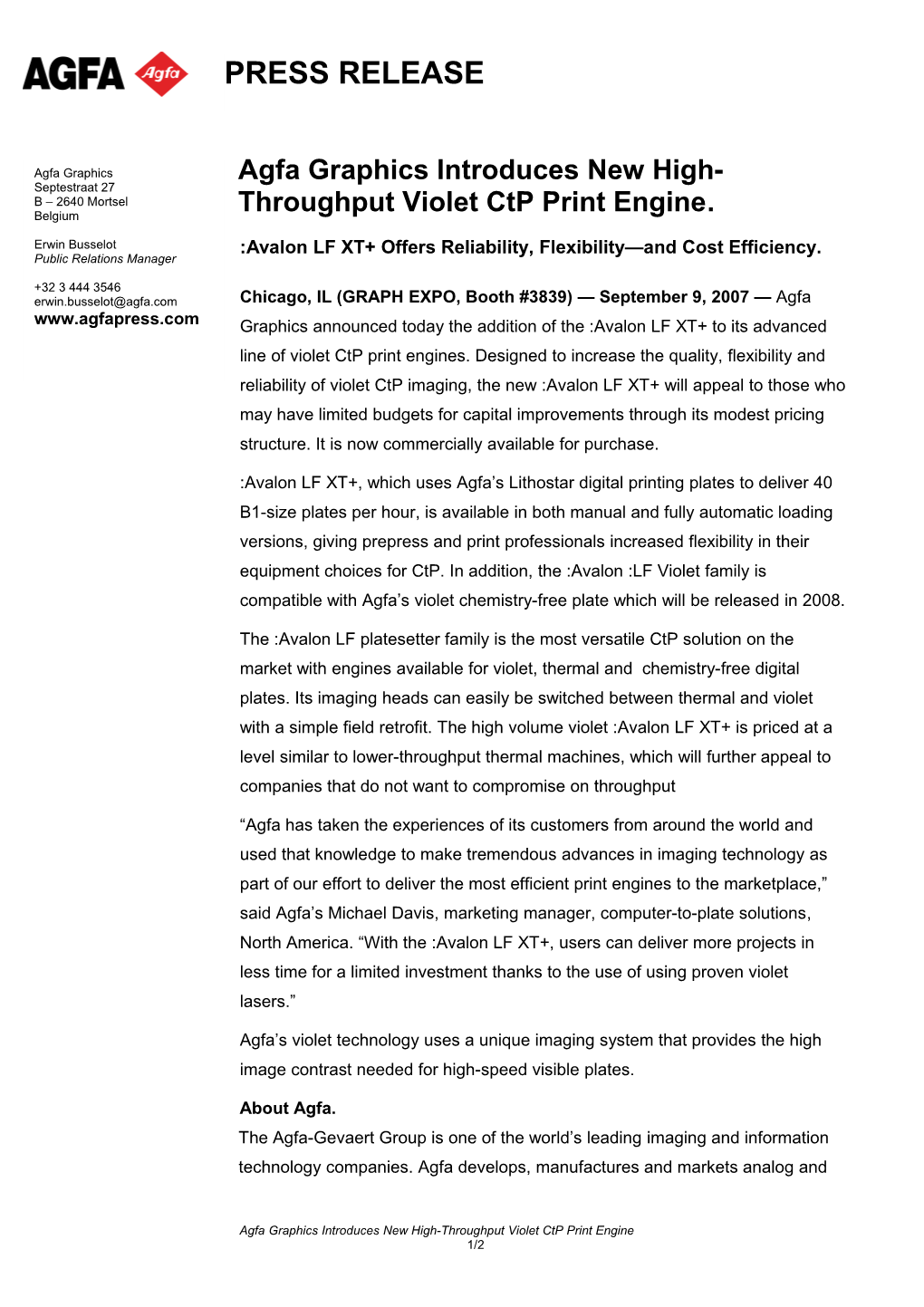 Agfa Graphics Introduces New High-Throughput Violet Ctp Print Engine