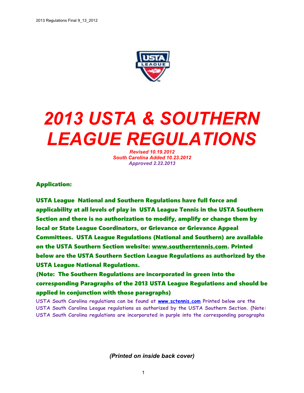 2013 Usta & Southern League Regulations
