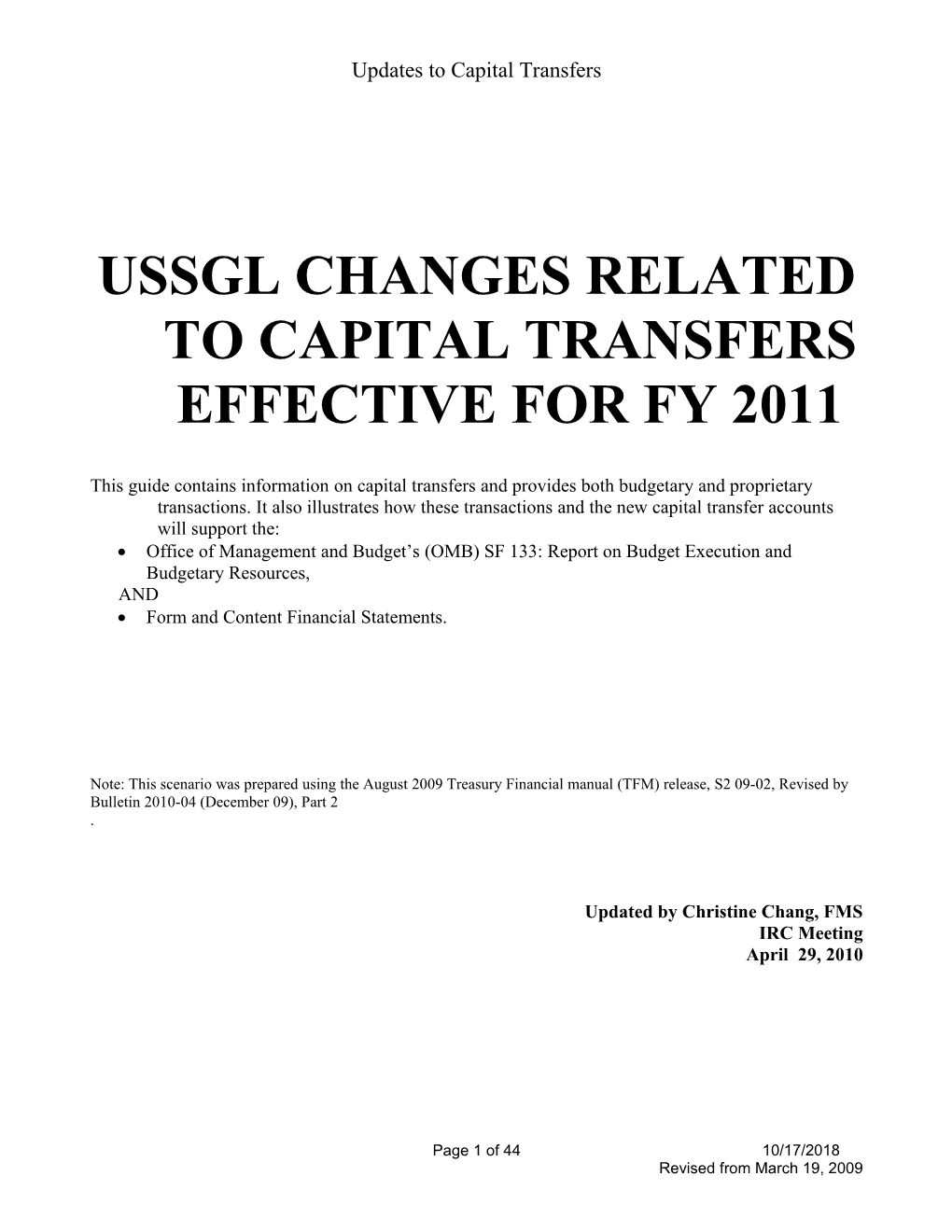 Ussgl Changes Related to Capital Transfers Effective for Fy 2011