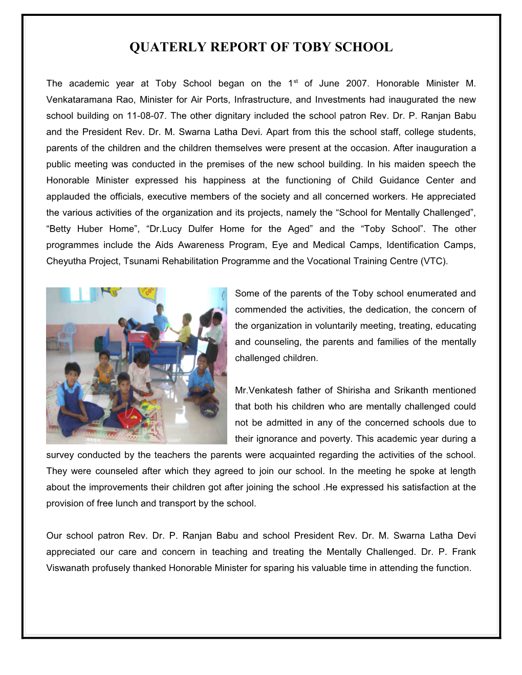 Annual Report of Toby School