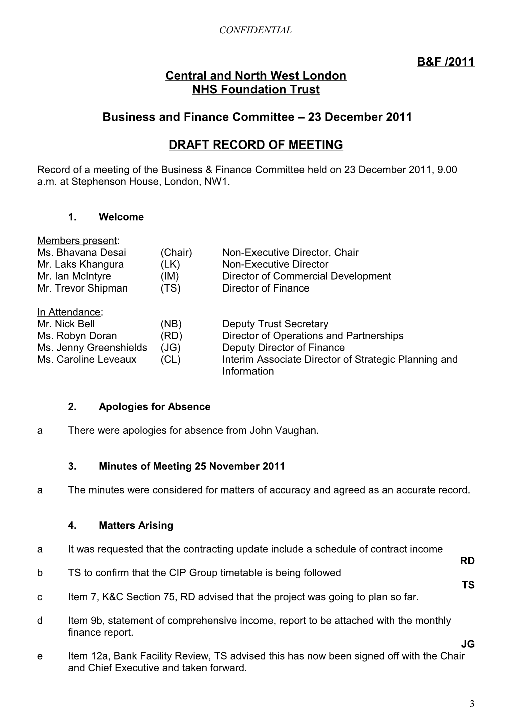 Report of the Business and Finance Committee to the Board of Directors