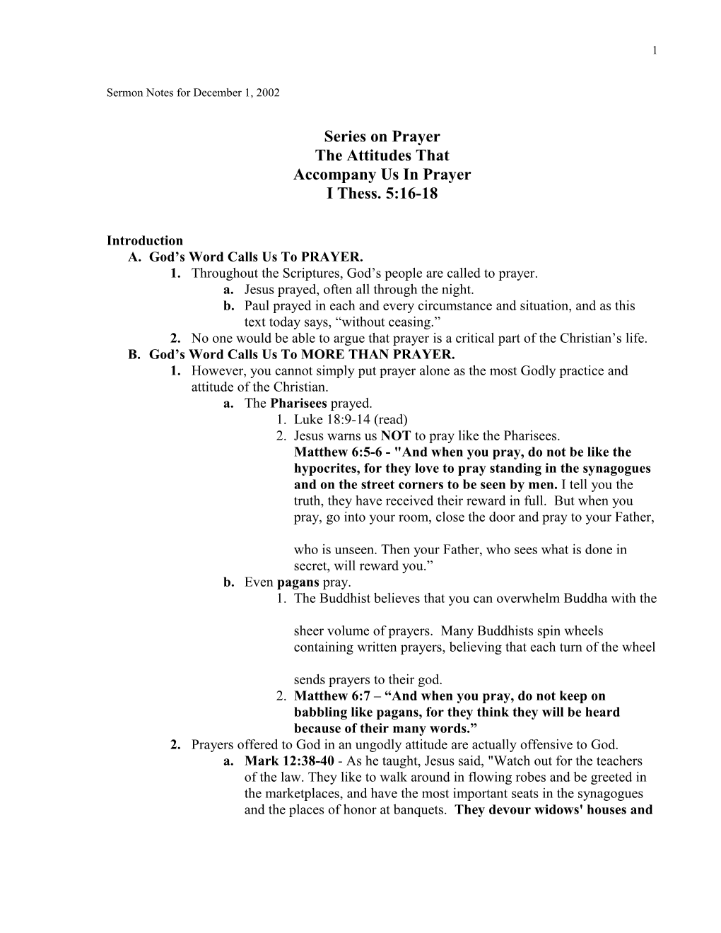 Sermon Notes for December 1, 2002