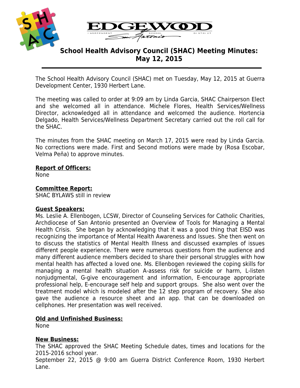School Health Advisory Council (SHAC) Meeting Minutes: May 12, 2015