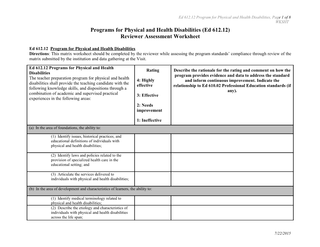 Programs for Physical and Health Disabilities (Ed 612.12)