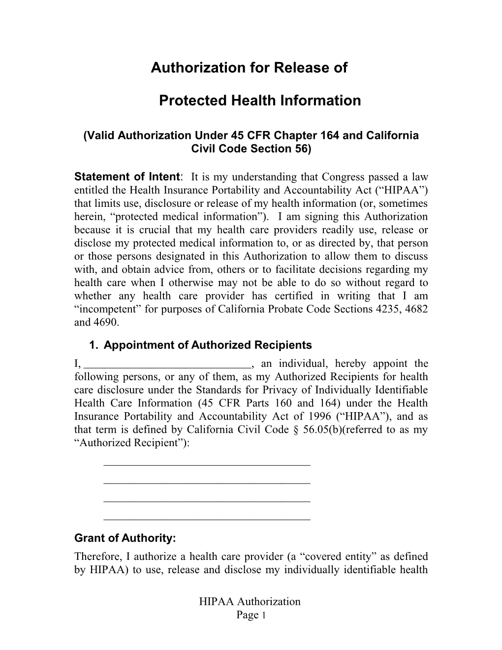 Valid Authorization Under 45 CFR Chapter 164 and California Civil Code Section 56