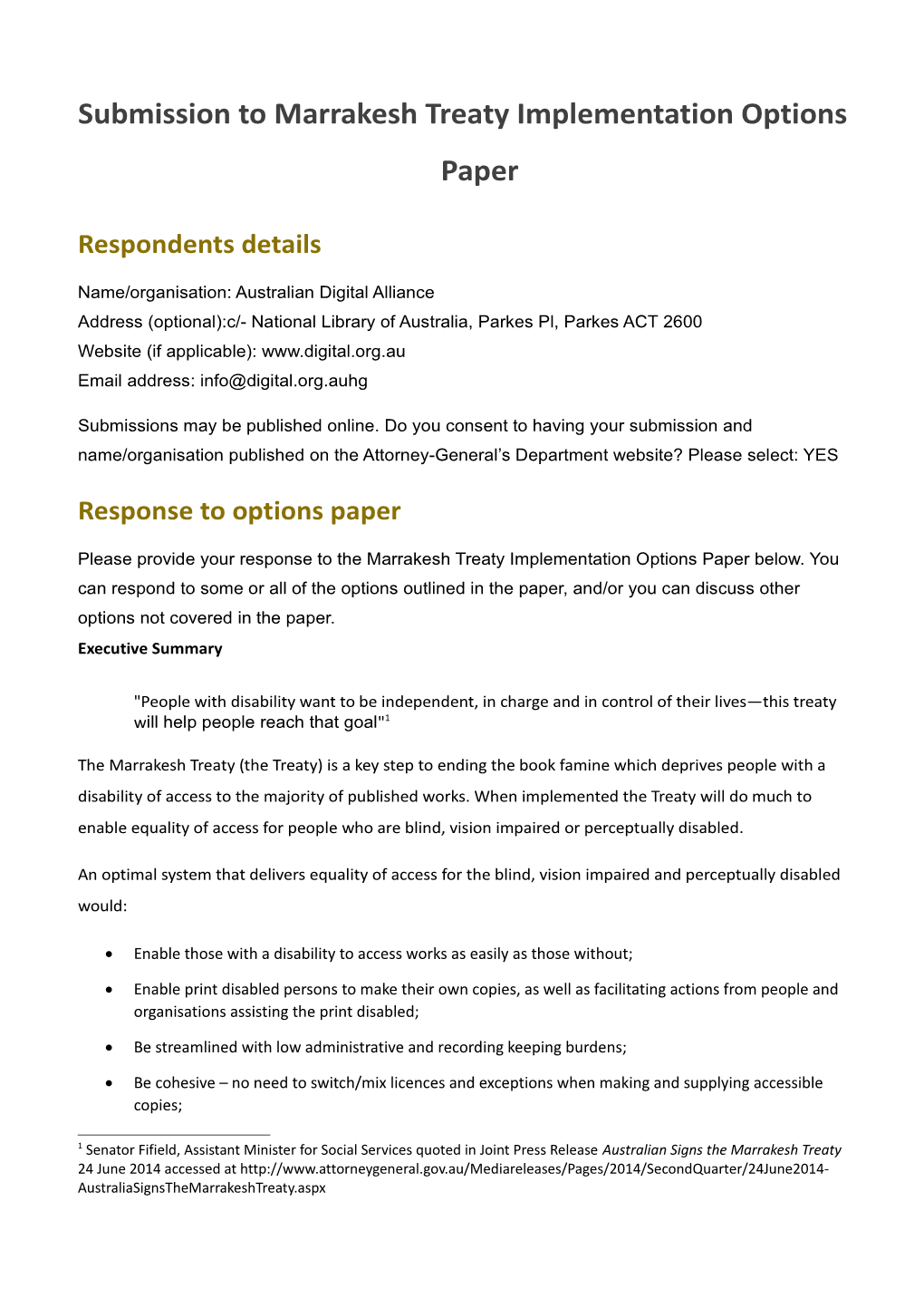 Australian Digital Alliance - Submission to Marrakesh Treaty Implementation Options Paper