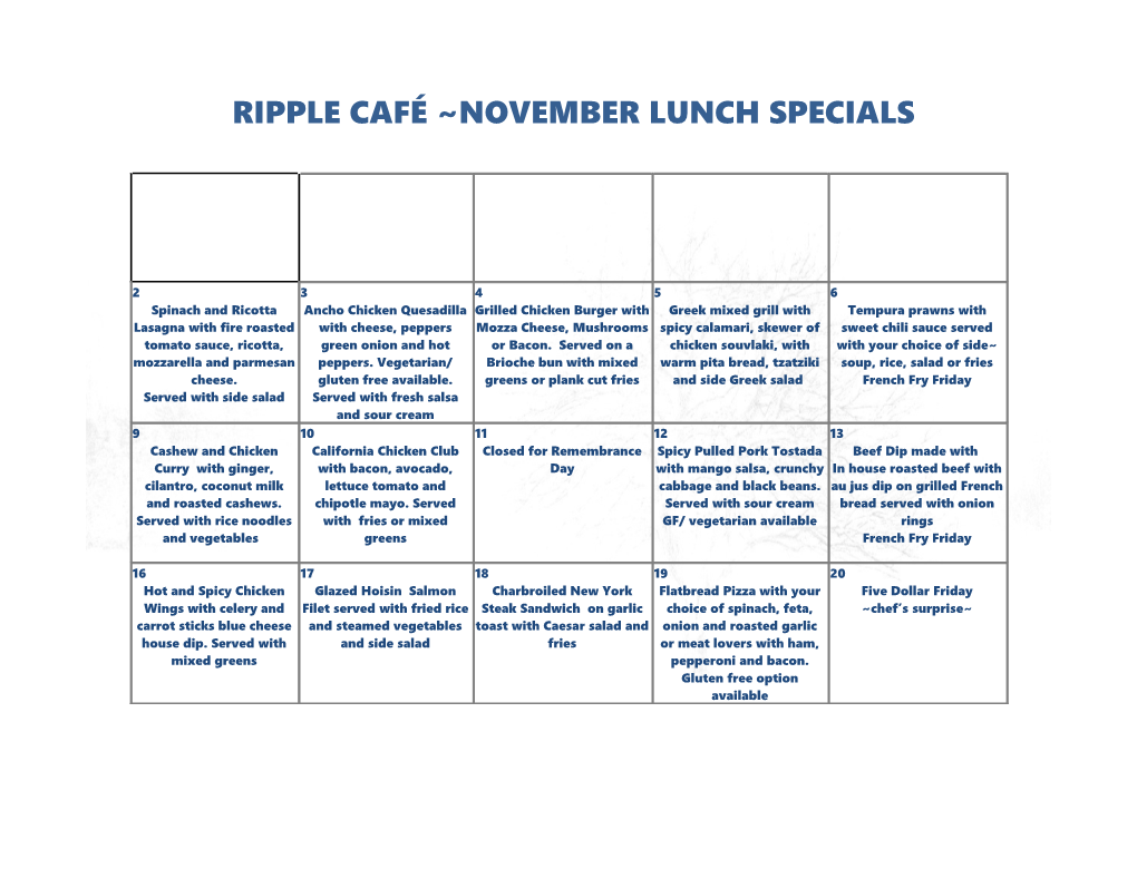 Ripple Café November Lunch Specials