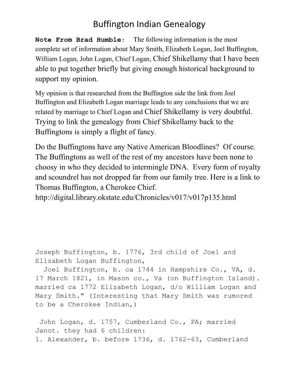 Buffington Indian Genealogy