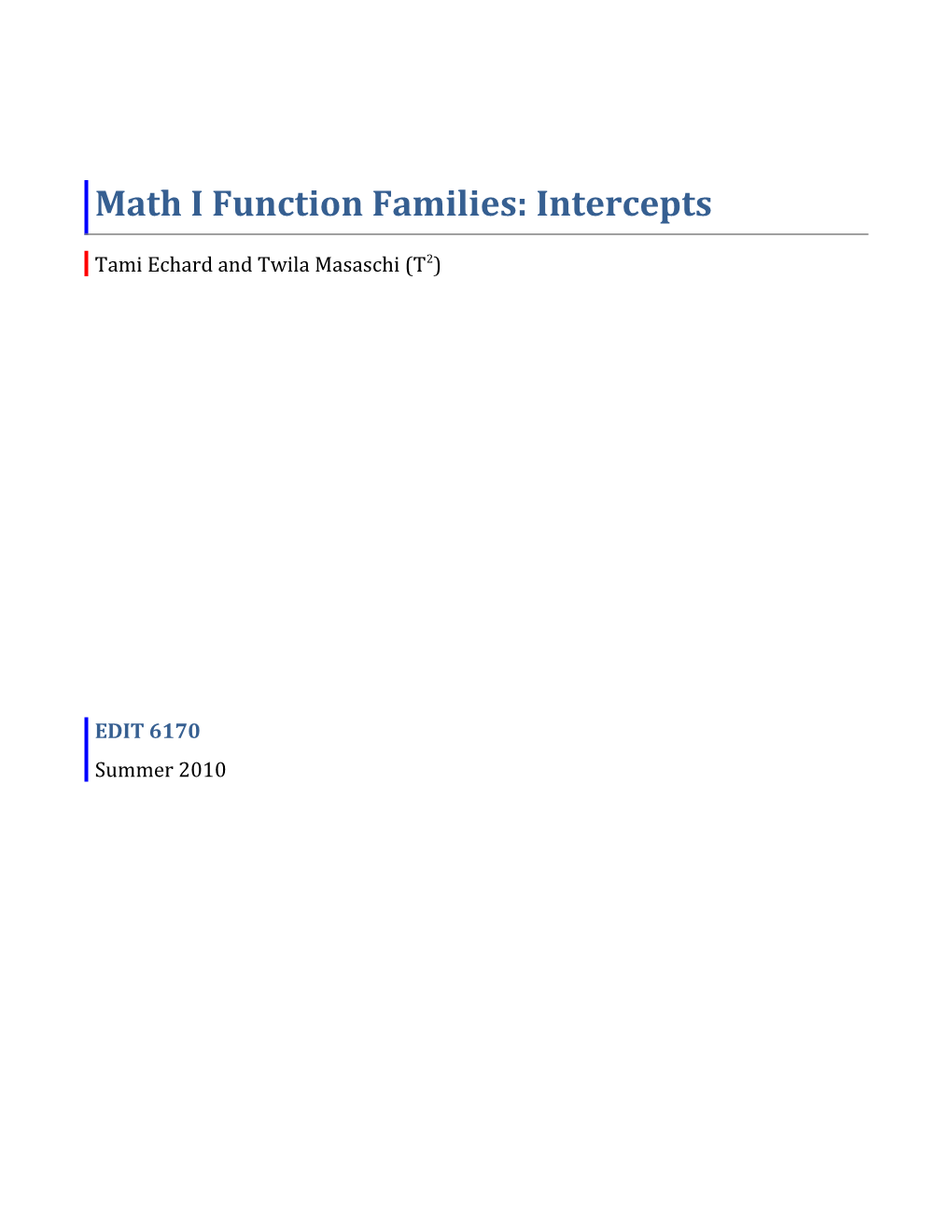 Math I Function Families: Intercepts