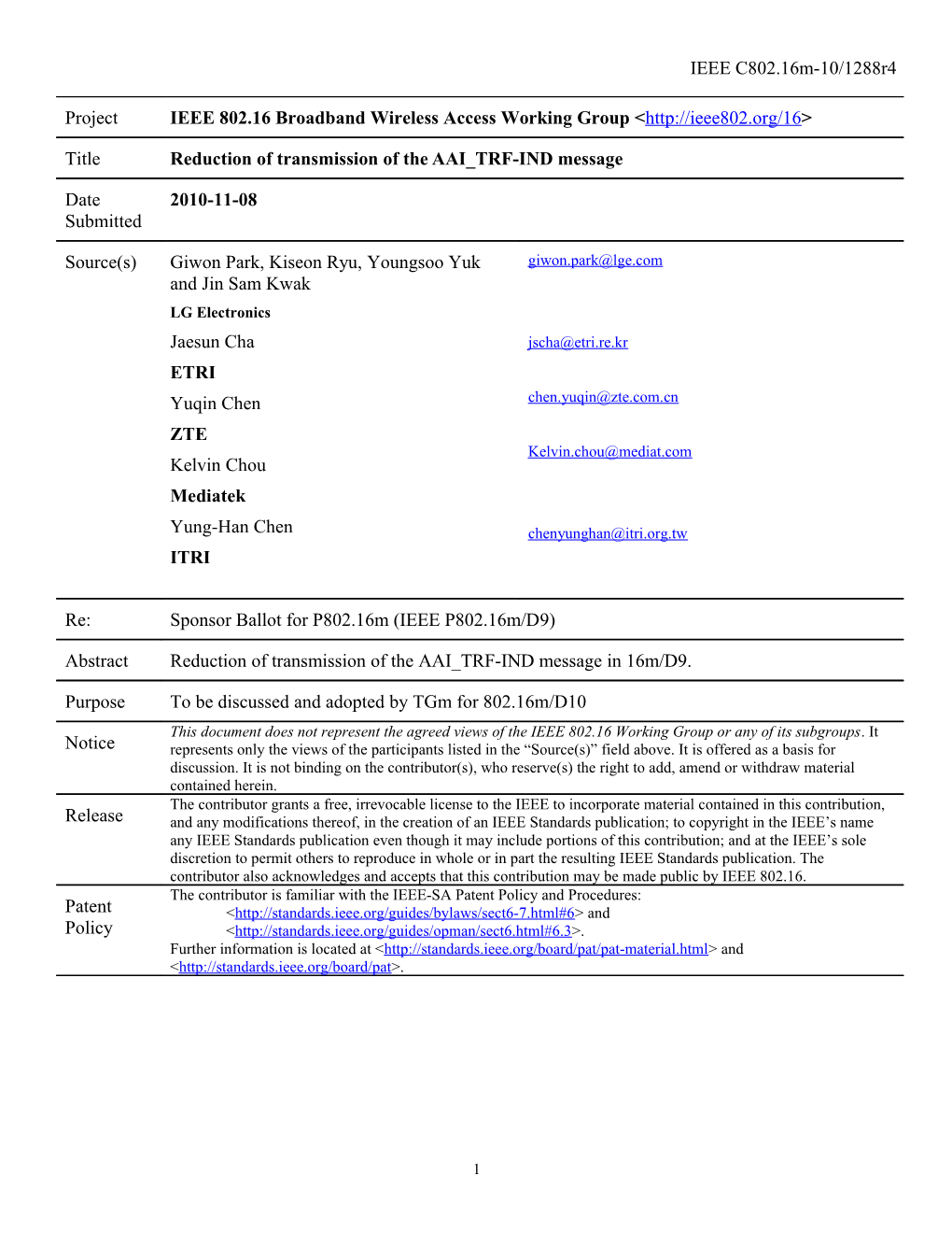 Reduction of Transmission of the AAI TRF-IND Message