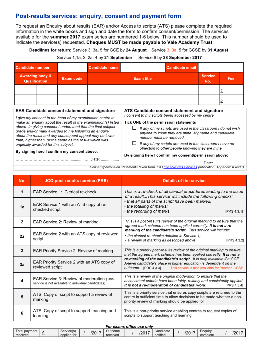 Post-Results Services: Enquiry, Consent and Payment Form