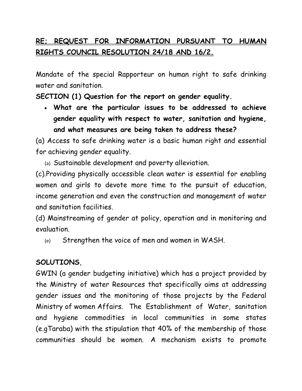 Re; Request for Information Pursuant to Human Rights Council Resolution 24/18 and 16/2