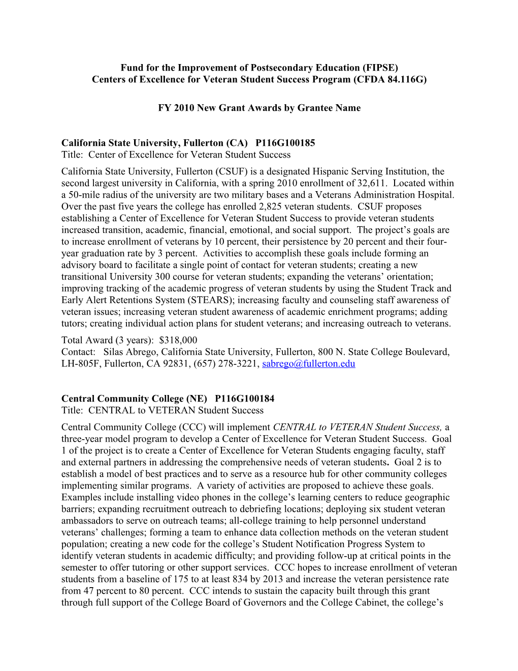 FY 2010 Project Abstracts for the Centers of Excellence for Veteran Student Success Program