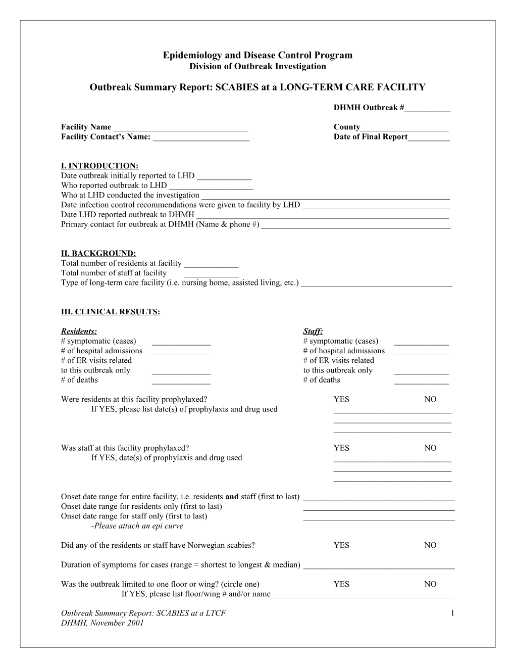 Checklist for Final Reports GASTROENTERITIS at a NURSING HOME