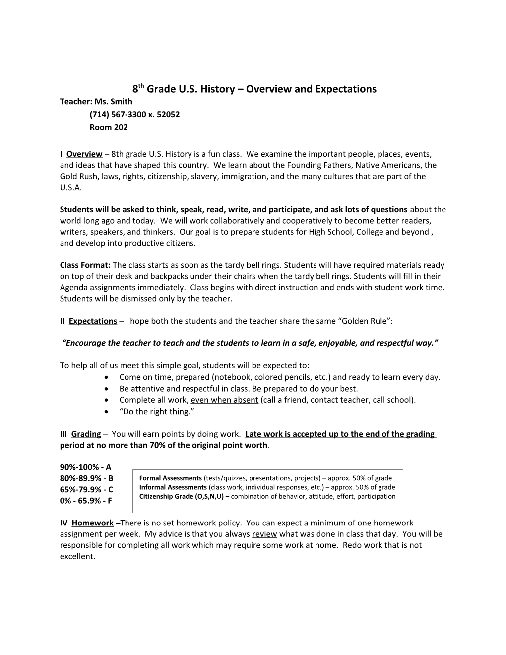 8Th Grade U.S.History Overview and Expectations