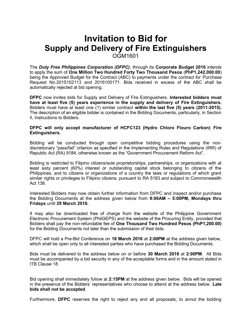 Supply and Delivery of Fire Extinguishers