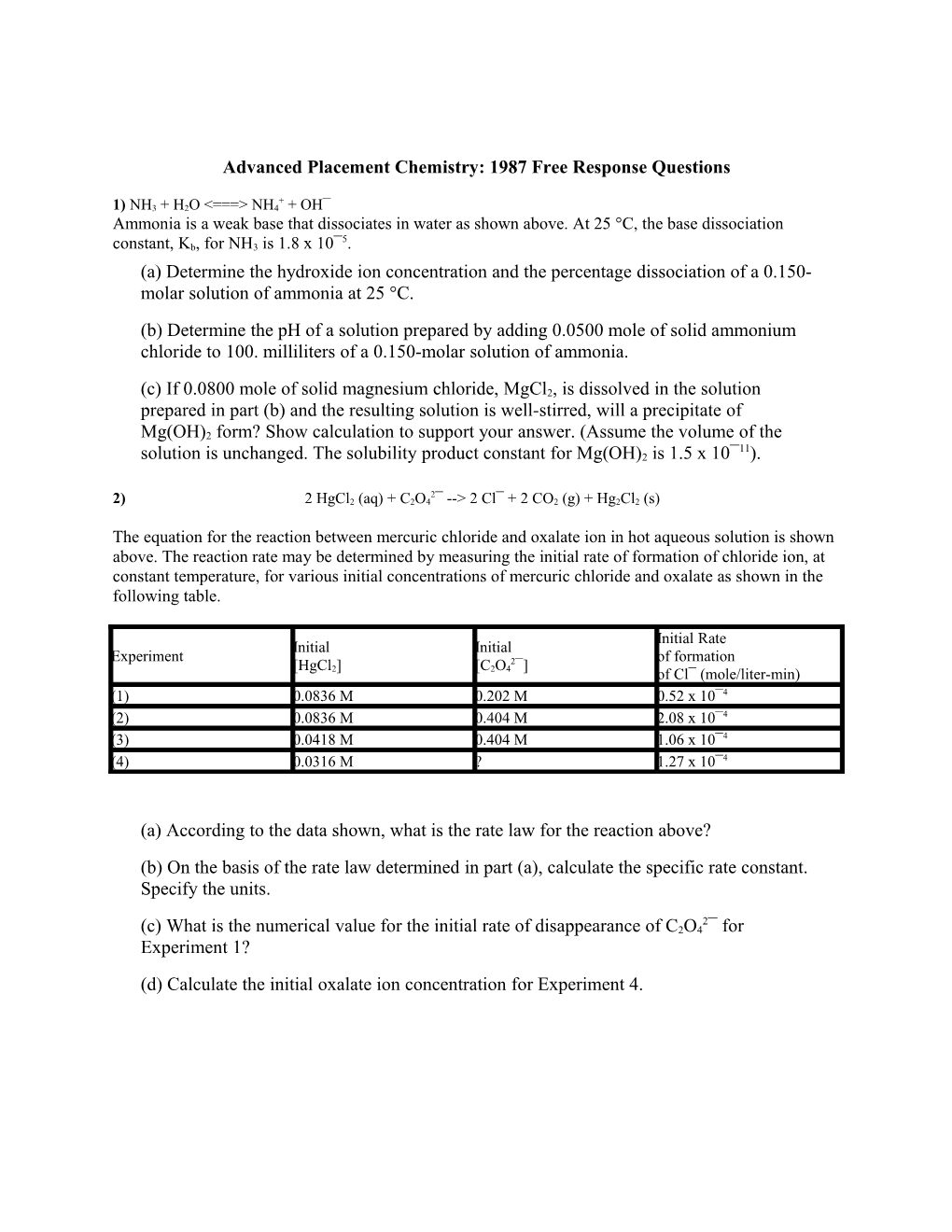 Advanced Placement Chemistry: 1987 Free Response Questions