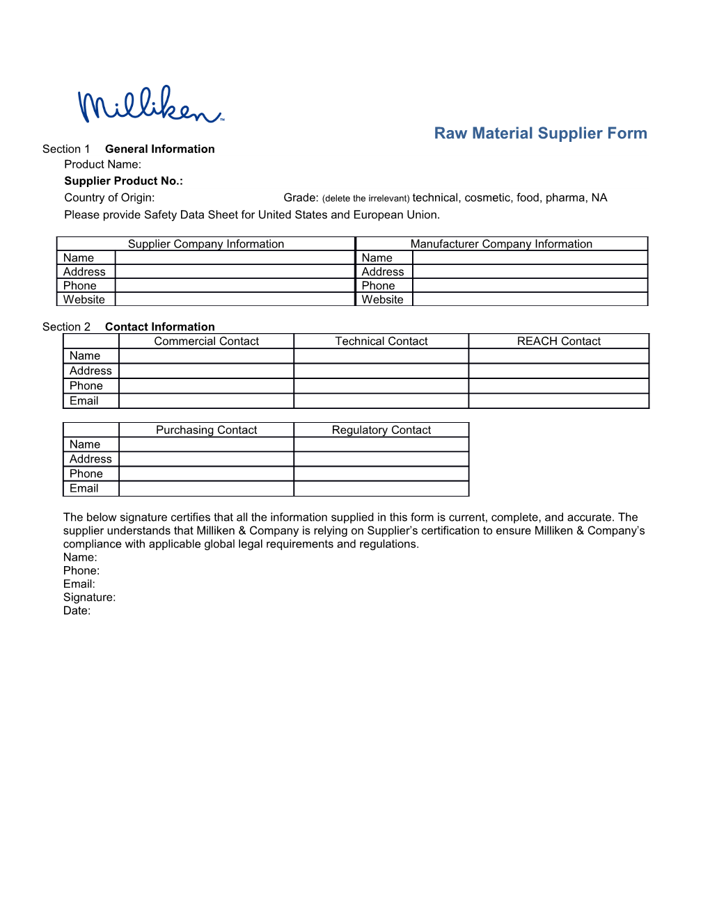 Raw Material Supplier Form