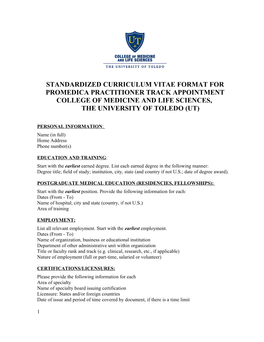 Standardized Curriculum Vitae Format For