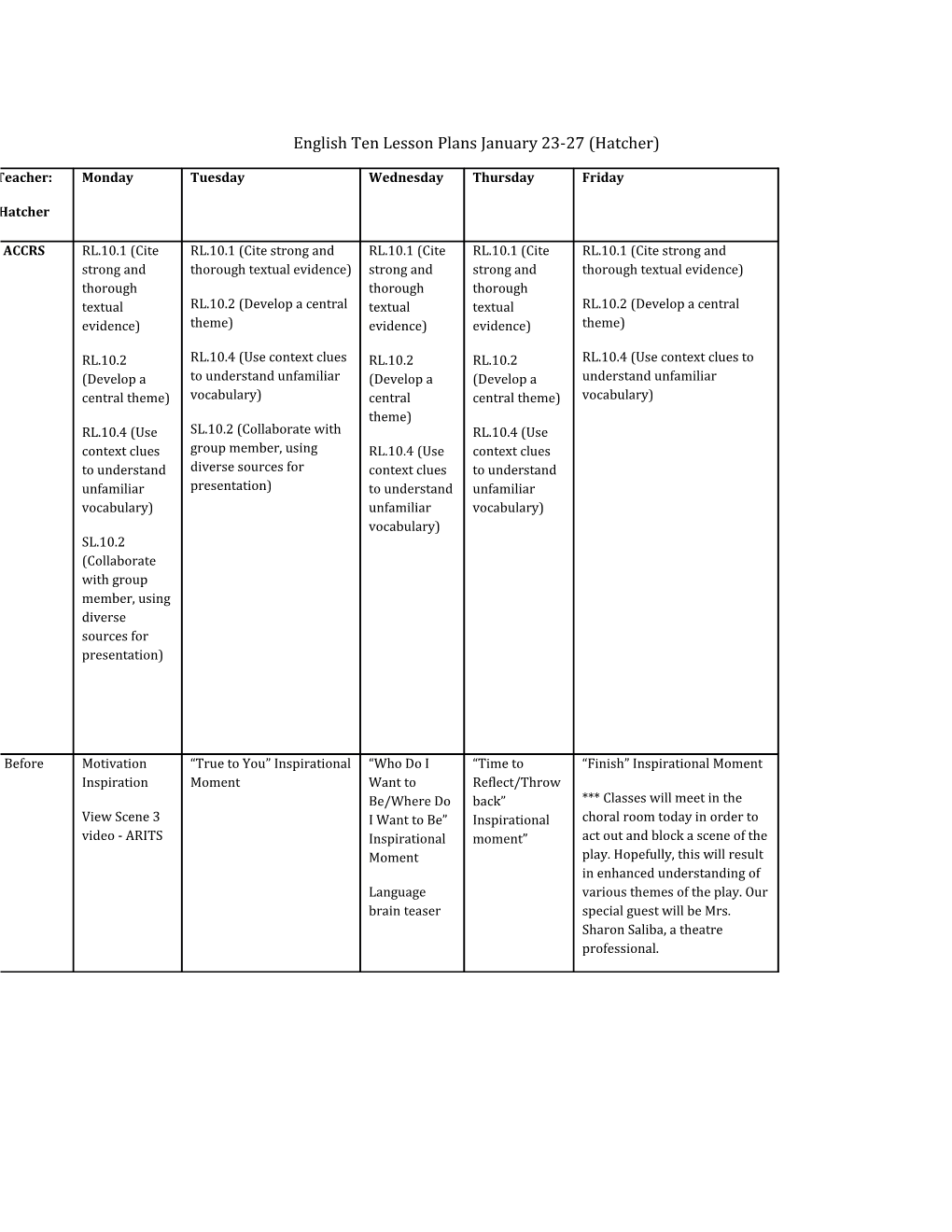 English Ten Lesson Plans January 23-27 (Hatcher)